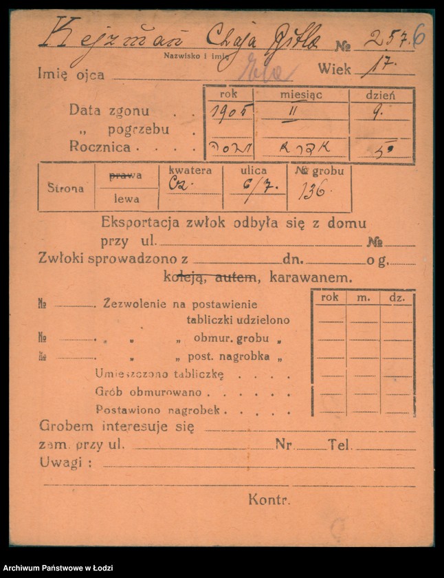 Obraz 7 z jednostki "Kartoteka osób pochowanych na cmentarzu żydowskim przy ulicy Brackiej w latach 1892-1951. Nazwiska na litery: Kei-Ki"