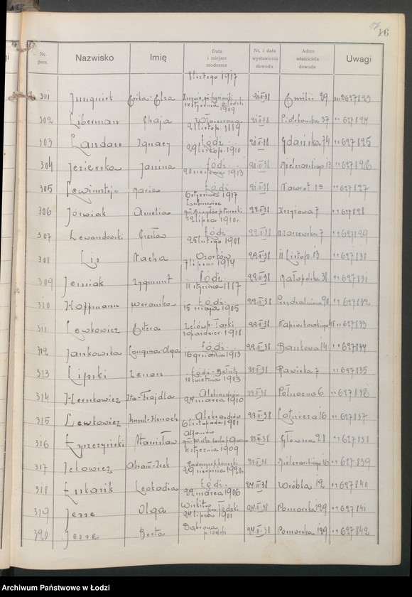 image.from.unit.number "Ewidencja dowodów osobistych wydanych przez Zarząd Miejski w Łodzi, zespół nr 3 [- nazwiska na litery Ch, H, I, J, L, Ł]"