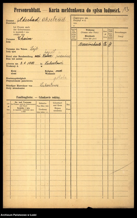 Obraz 15 z jednostki "[Spis ludności Łodzi] Akimow - Alperin"