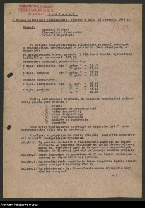 Obraz 17 z jednostki "Państwowe Zakłady Przemysłu Bawełnianego nr 2; protokoły z narad technicznych, raporty dzienne z wykonania produkcji, [meldunki o zarobkach]"
