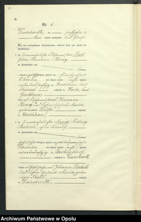 Obraz 15 z jednostki "Heiraths-Neben-Register des Standesamts Deutsch Wette pro 1905"