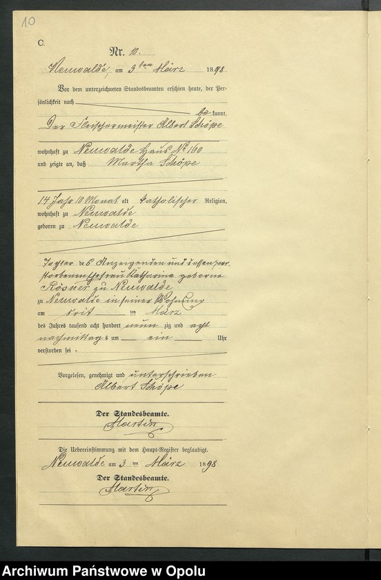 Obraz 14 z jednostki "Sterbe-Neben-Register des Standesamts Altewalde pro 1898"
