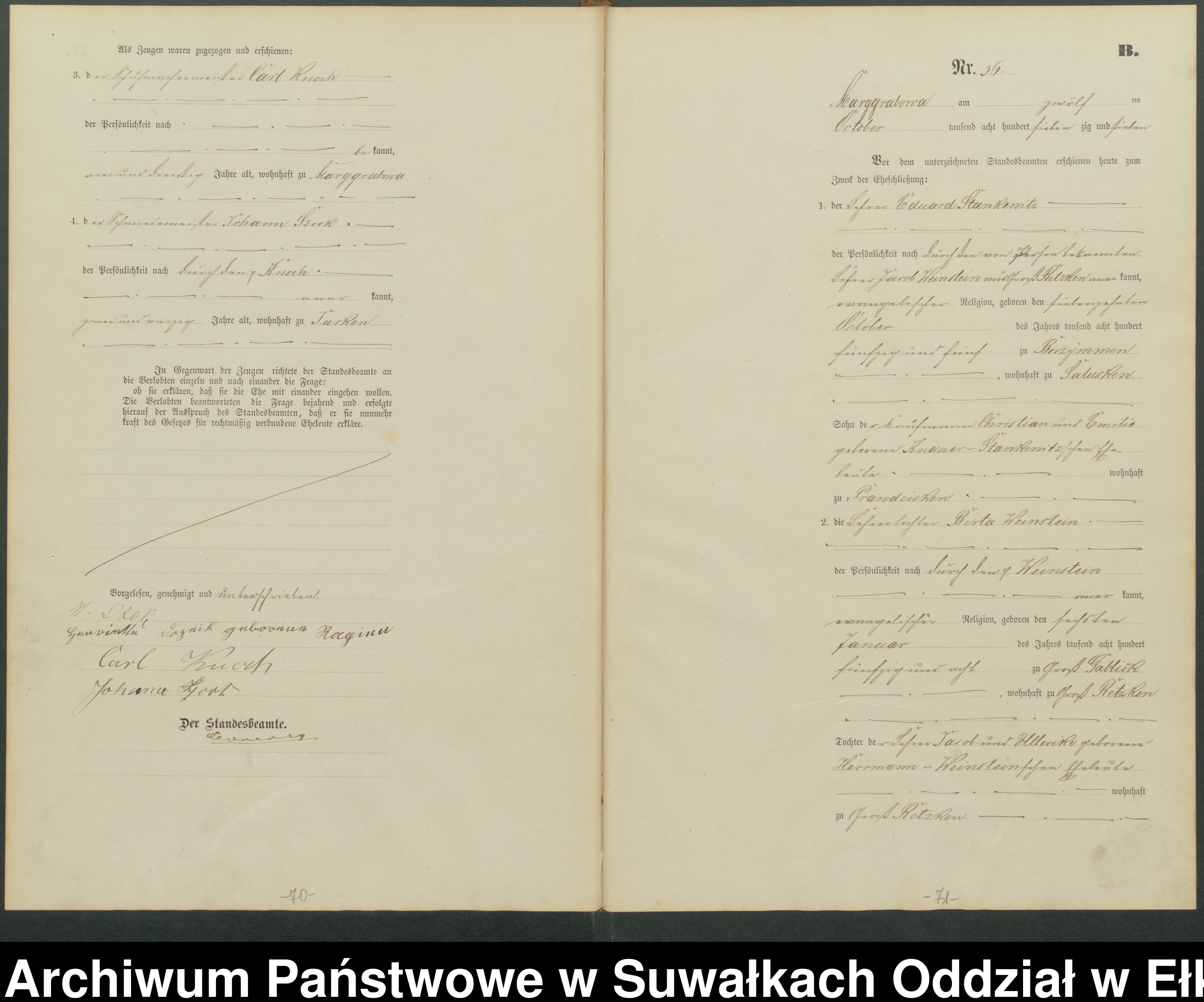 Skan z jednostki: Heiraths-Haupt-Register des Königlich Preussischen Standes-Amtes Landgemeinde Marggrabowa Kreis Oletzko