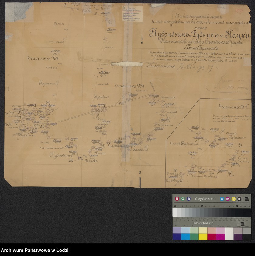 Obraz 1 z jednostki "Kopija okružnoi meži zemel´ postupivšich´ v´ sobstvennost´ krest´jan´ selenija Tubondzin´ i Rudnik´ v. Nacki ... sěradzkago uezda, gminy Bartochov"