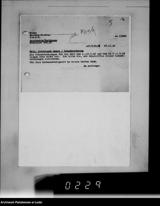 Obraz 8 z jednostki "Sonderkonto 12300. Arbeitsamt Hohensalza Lager:Amsee (Reuther- Tiefbau), Hohensalza Amsee, (Continentale Wasserwerk- Gesellschaft), Bahnhof Hohensalza (Otto Quast), Jakschitz (Otto Quast), Weidener Weiche, Reichsbahn (Otto Quast)."