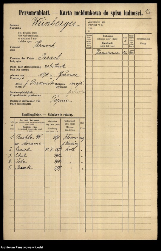 Obraz 19 z jednostki "[Spis ludności Łodzi] Wajnberger - Wajnger"