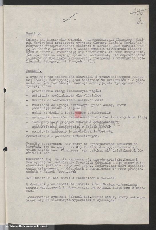 Obraz 8 z jednostki "Protokół z zebrania skarbników Oddziałów Powiatowych Związku Bojowników o Wolność i Demokrację i przewodniczących Powiatowych Komisji Rewizyjnych 5.Vll.1964 roku."