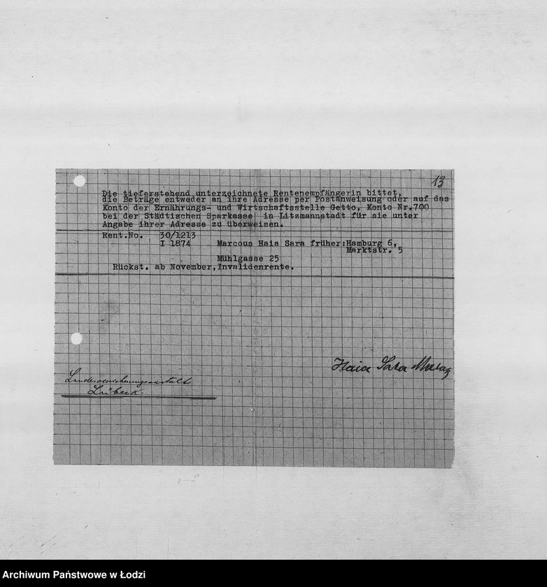 Obraz 16 z jednostki "Banken [Wykazy zagranicznych Żydów wsiedlonych do getta łódzkiego, którym należały się renty od instytucji ubezpieczeniowych oraz banków zachodnich]"