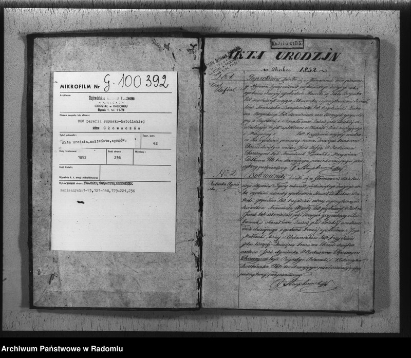 image.from.unit.number "Duplikat akt urodzonych, zaślubionych i zmarłych z parafii Głowaczów w roku 1852"