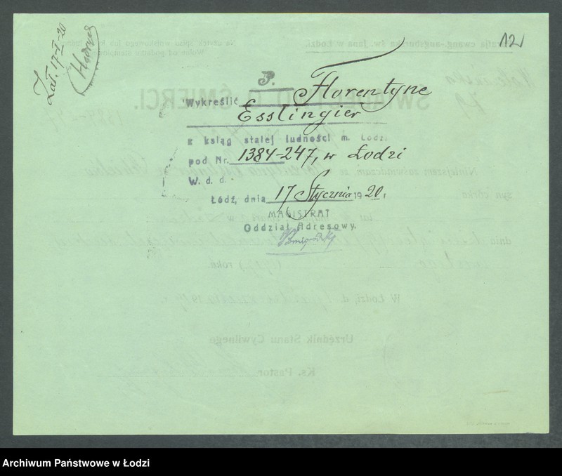 Obraz 14 z jednostki "Dowody metrykalne stałych mieszkańców m. Łodzi nr domu 1384"