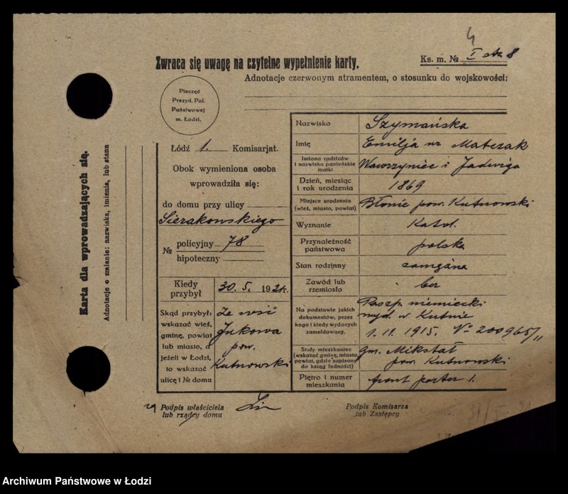 Obraz 6 z jednostki "[Spis ludności Łodzi] Szymański-Szymczacka"