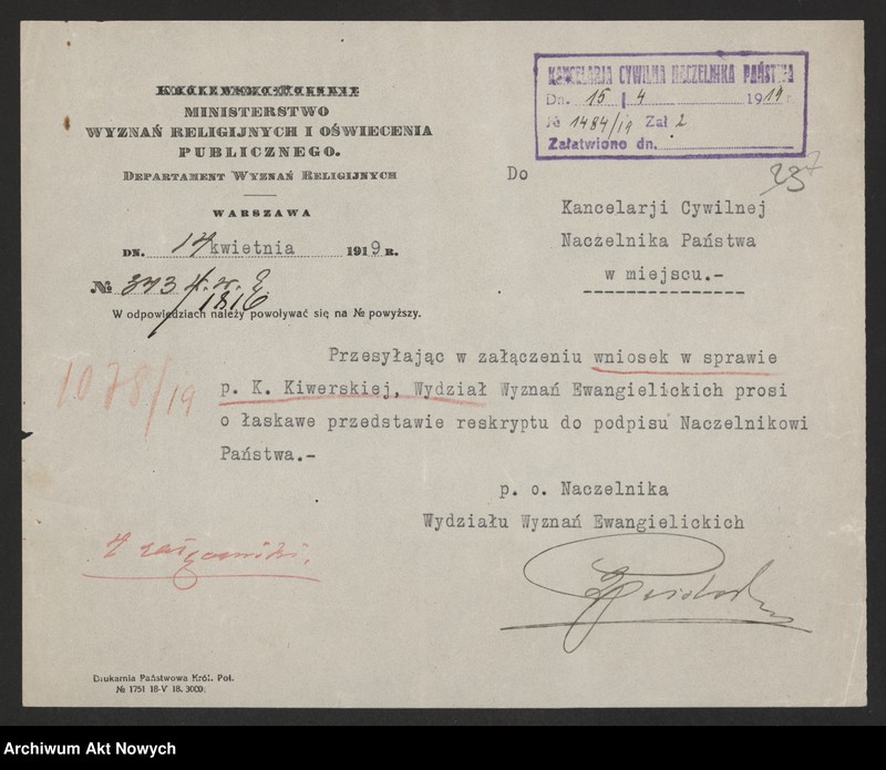 image.from.unit.number "Skrócenie 10 miesięcznego terminu zakazu wstąpienia w ponowne związki małżeńskie. Reskrypty Naczelnika Państwa, wnioski, korespondencja z Min. Wyznań Religijnych i Oświecenia Publicznego"