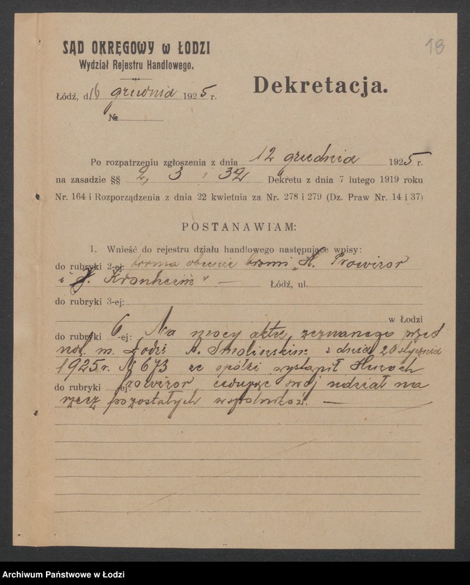 Obraz 20 z jednostki "H. i M. Prowizer i I. Kronheim – sprzedaż naczyń kuchennych"