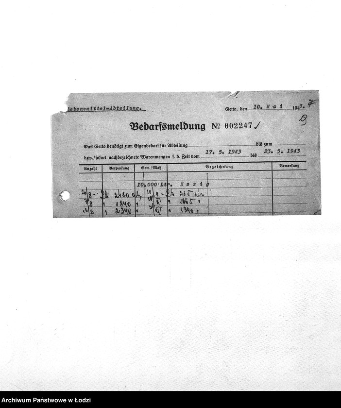 Obraz 12 z jednostki "Bedarfsmeldungen [Zapotrzebowania na żywność]"