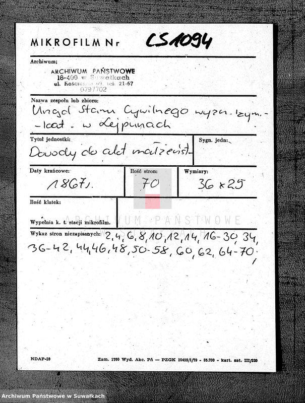 image.from.unit.number "Dowody posługujące do zawartych i spisanych aktów małżeństw przed Urzędnikiem Stanu Cywilnego Parafii Rzym.- katolickiej Lejpuńskiej w 1867 roku"