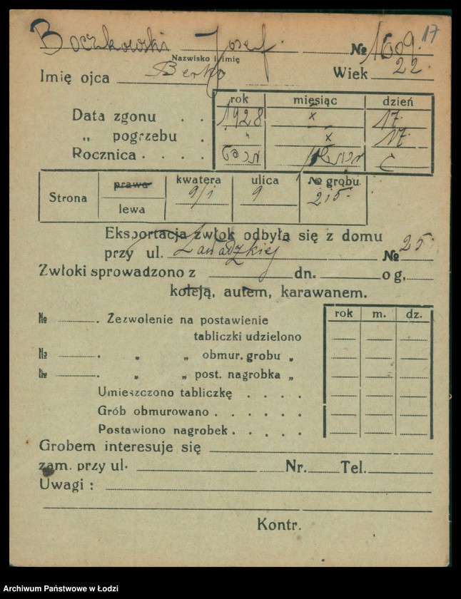 Obraz 19 z jednostki "Kartoteka osób pochowanych na cmentarzu żydowskim przy ulicy Brackiej w latach 1892-1956. Nazwiska na litery: Bock-Bö"