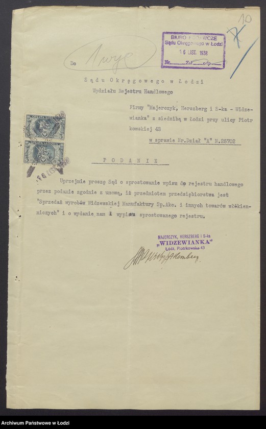 Obraz 12 z jednostki "Widzewianka- Judka Majerczyk, Aron Herszberg, Hijel Majer Przedecki- sprzedaż wyrobów i innych towarów Widzewskiej Manufaktury Sp. Akc."