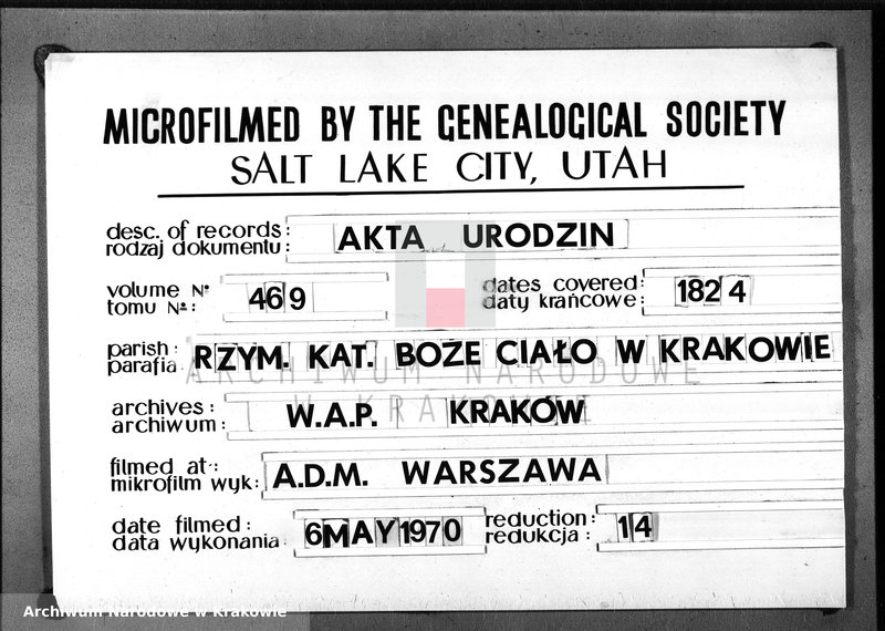 Obraz 1 z jednostki "Księga Aktów Urodzenia i Uznania dla Parafii Sgo Floryana przy Krakowie na Rok 1824"