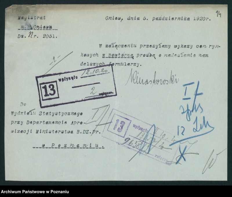 Obraz 15 z jednostki "[Wykaz cen rynkowych artykułów spożywczych w poszczególnych miastach Województwa Pomorskiego za miesiąc wrzesień 1920 roku]"