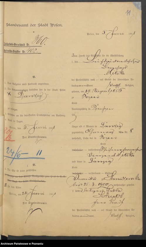 Obraz 13 z jednostki "Die von den Verlobten beigebrachten Urkunden zur Eheschliessung pro 1901. Vol IX"
