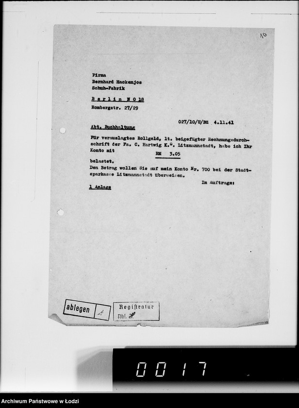 Obraz 15 z jednostki "[Korespondencja z urzędami, firmami i instytucjami] Lit.Ha-Hem."