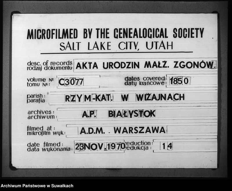 image.from.unit.number "Duplikat urodzonych, zaślubionych i umarłych parafii wiżajńskiej z roku 1850"