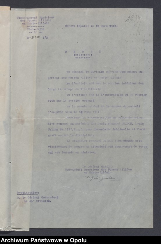 Obraz 16 z jednostki "Discipline-Recompenses-Decorations-Distractions-Punitions-Tenue generale /Korespondencja dotycząca dyscypliny, odznaczeń, pochwał, pracy oświatowej/"