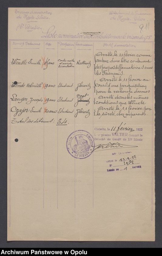 image.from.unit.number "Arrestation /Korespondencja dotycząca stanu wyjątkowego na Górnym Śląsku - aresztowania, listy imienne więźniów/ 2.02.-10.03.1922"