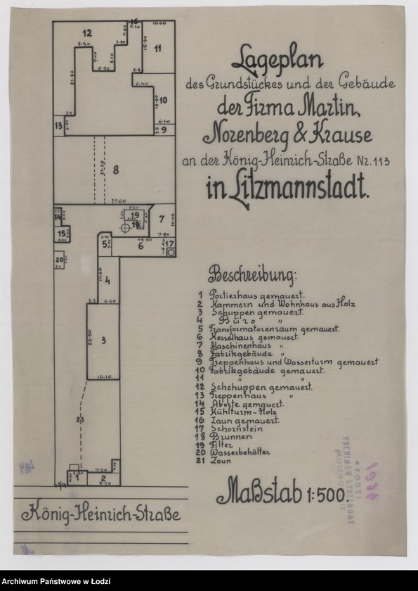 Obraz 1 z jednostki "Lageplan des Grundstückes und der Gebäude der Firma Martin Norenberg & Krause an der König Heinrich Straße Nr 113 in Litzmannstadt"