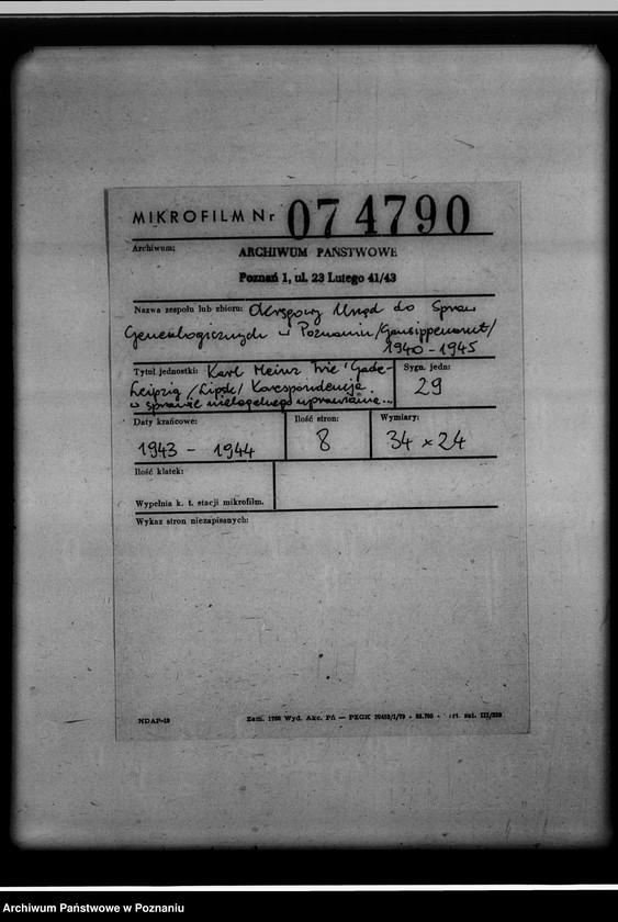 image.from.unit.number "Karl Heinz Frie`Gade - Leipzig [Lipsk]. [Korespondencja w sprawie nielegalnego uprawiania badań genealogicznych i prowadzenia poszukiwań antykwarycznych przez Frie`Gade, kilkakrotnie już karanego więzieniem]"