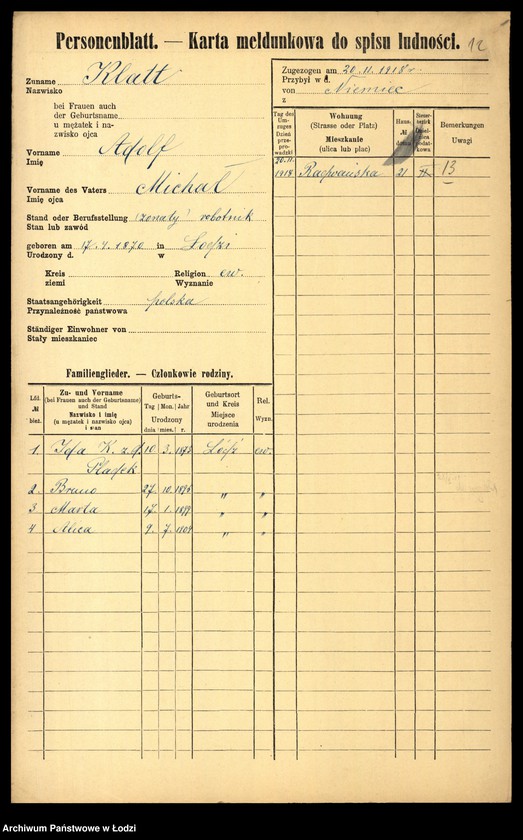 Obraz 14 z jednostki "[Spis ludności Łodzi] Klarowski - Klekotek"