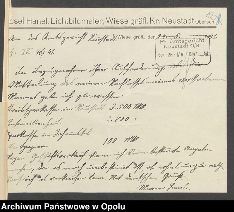 image.from.unit.number "Verfügung von Todes wegen des Kunstmalers Josef Hanel und seiner Ehefrau Maria geb.[orene] Westermayer in Wiese grfl zuletzt wohnhaft in Wiese grfl Haus No 11"