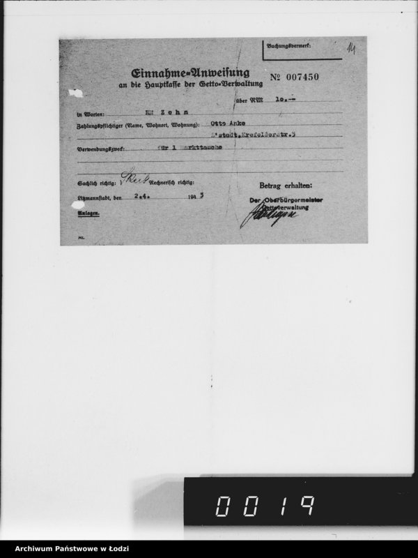 Obraz 17 z jednostki "Einnahme Anweisungen. [za różne wyroby] 73"