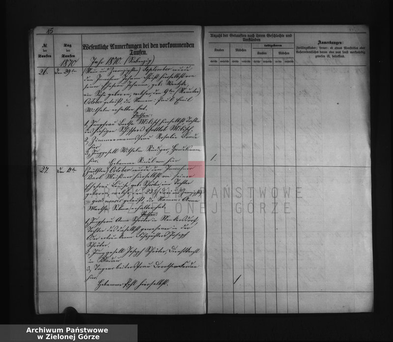 Obraz 17 z jednostki "Duplicat I. des Trau Register, II. des Tauf Register, III. des Sterbe Register pro 1870 bei der katholischen Pfarrkirche zu Beuthen a/Oder"