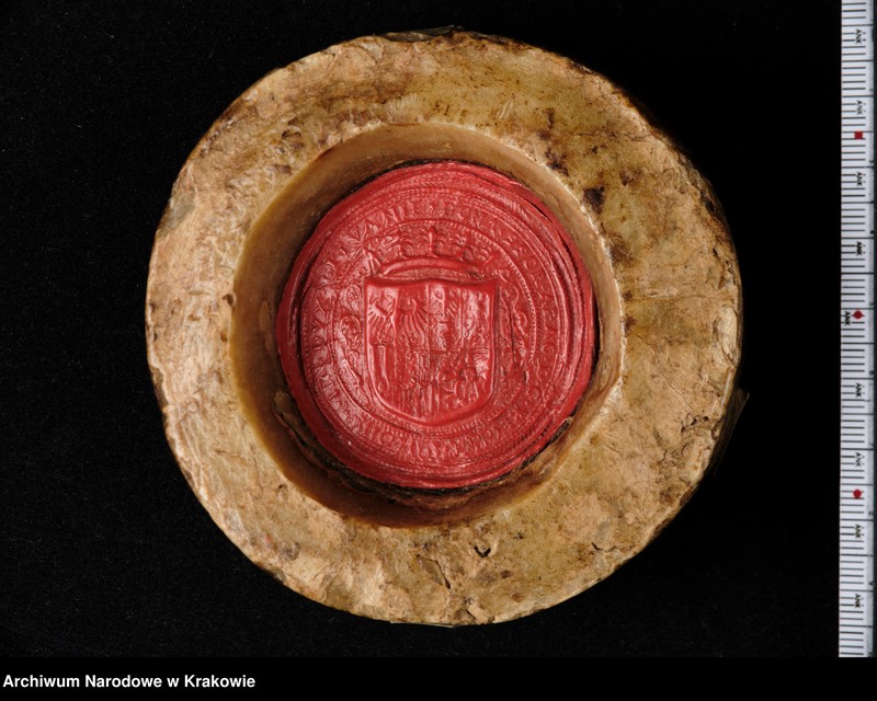 image.from.unit.number "Bona Sforza. Królowa Polski, Wielka Księżna Litewska. W polu pieczęci ukoronowana tarcza czteropolowa z herbami: polskim (prawe górne pole), Wąż Sforzów i Orzeł (lewe górne), herb mediolański i aragoński (prawe dolne), Pogoń (lewe dolne) tarczę otaczającą elementy roślinne. Otok ujęty w sznury perełek z napisem kapitalnym, renesansowym: BONA SFOR[TIA] ARAG[ONIA] D[EI] G[RATIA] REGINA POLONIE MAG[NA] DVX LITVANIE"