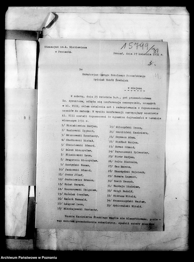 Obraz 8 z jednostki "Prywatne Gimnazjum imienia Adama Mickiewicza - Poznań [wykaz abiturientów z kwietnia 1931 roku]"