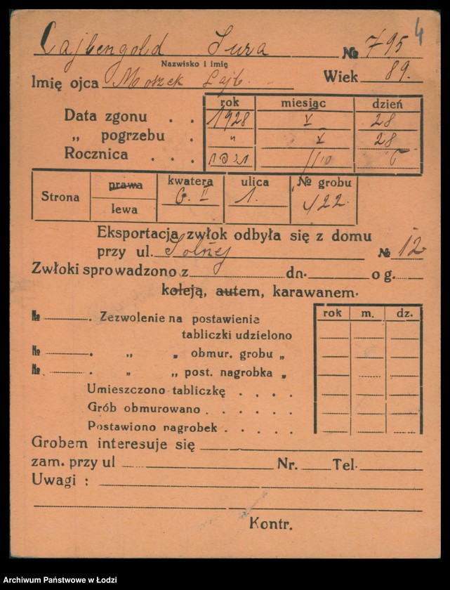 Obraz 5 z jednostki "Kartoteka osób pochowanych na cmentarzu żydowskim przy ulicy Brackiej w latach 1892-1954. Nazwiska na litery: Ca-Choros"