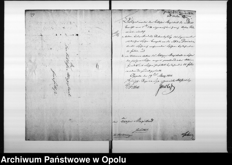 Obraz 20 z jednostki "Acta des Magistrats zu Oppeln betreffend die Ueberlassung des sogenannten städtischen Fischer Bergels an die auf der Domainen Amts Fischerey wohnenden Fischer für die Befungniss die Brücken aufzueissen Vol: I de anno 1812"