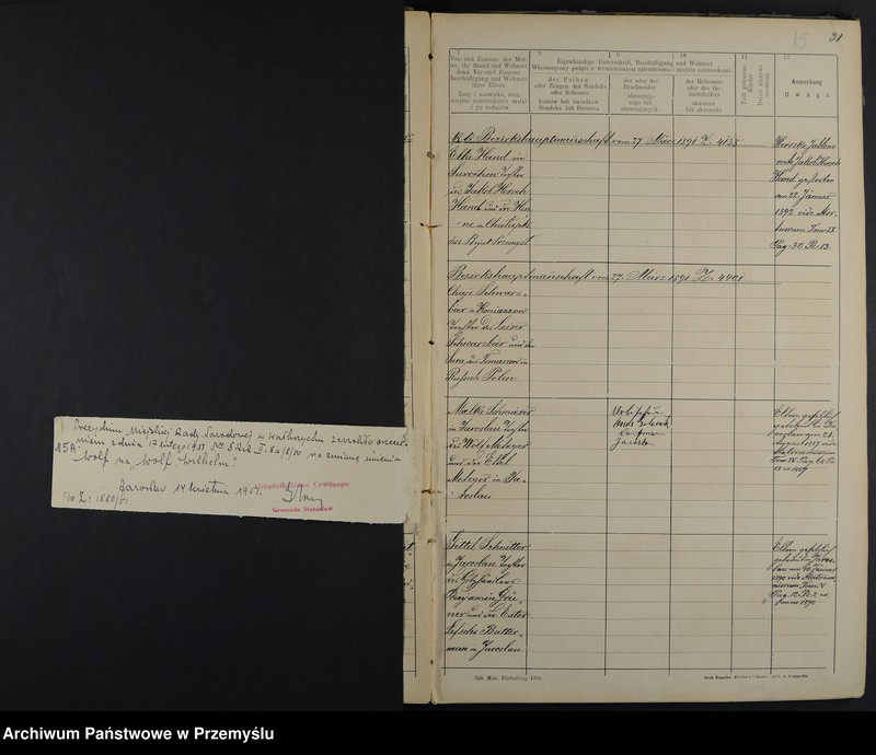 image.from.unit.number "Geburtsmatrik des Isr.[aelitischen] Matriken-Bezirkes Jaroslau pro 1891"