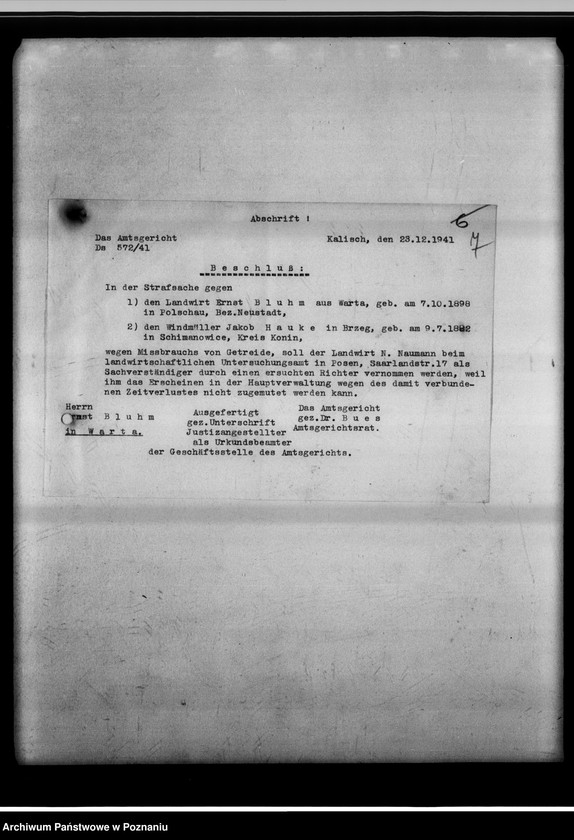 Obraz 11 z jednostki "Strafverfahren wegen Vermahlung von Brotgetreide - Gauheilanstalt Warta bei Sieradz."