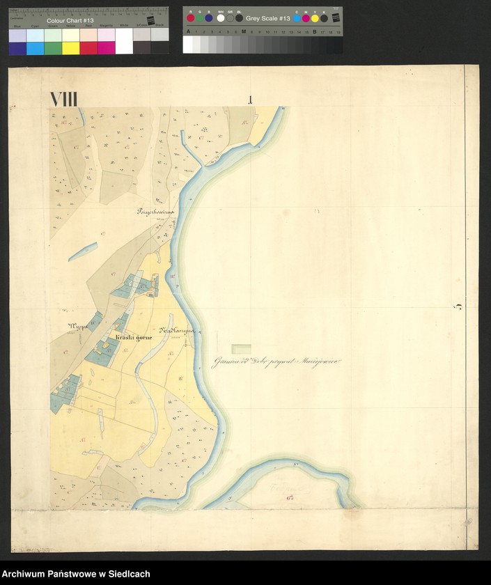 image.from.unit.number "WILCZKOWICE GÓRNE dobra ziemskie (donacja), gubernia sandomierska, obwód radomski.  Odrys pomiaru donacji Wilczkowice Górne składające się z folwarków Wilczkowice Górne, wsi Wilczkowice Górne, Wola Chodkowska, Kraski Górne, Kraski Dolne, osady Antoniówka z częścią lasu leśnictwa Kozienice.  Granice z: dobra prywatne Maciejowice, dobra Świerze, lasy rządowe.  Rzeka Wisła i jej rozlewiska.  Wieś Kraski Górne, osada Antonówka.  Zabudowania wsi Kraski Górne i osady Antonówka."