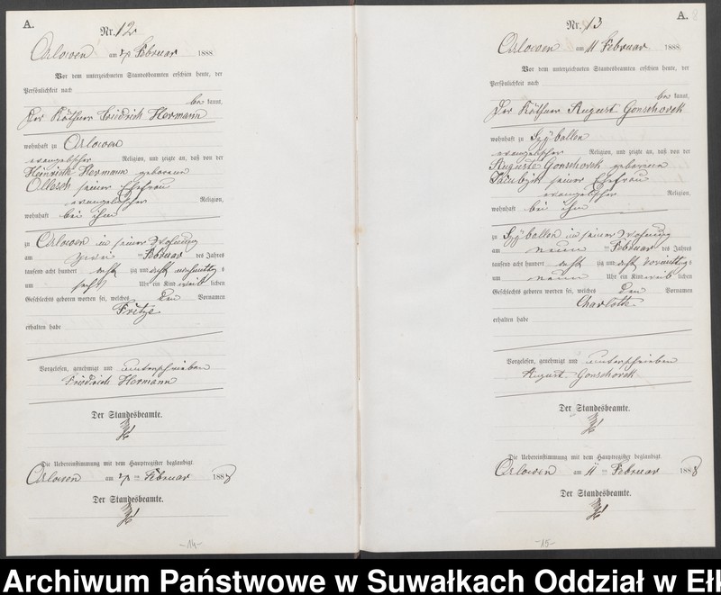 image.from.unit.number "Geburts-Neben-Register des Preussischen Standes-Amtes Orlowen Kreis Loetzen für das Jahr 1888"