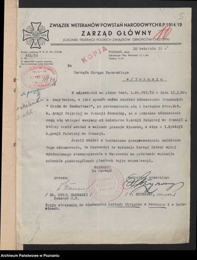 Obraz 9 z jednostki "Korespondencja Okręgu Poznańskiego Związku Weteranów Powstań Narodowych Rzeczypospolitej Polski i Związku Powstańców Wielkopolskich z Zarządem Głównym."