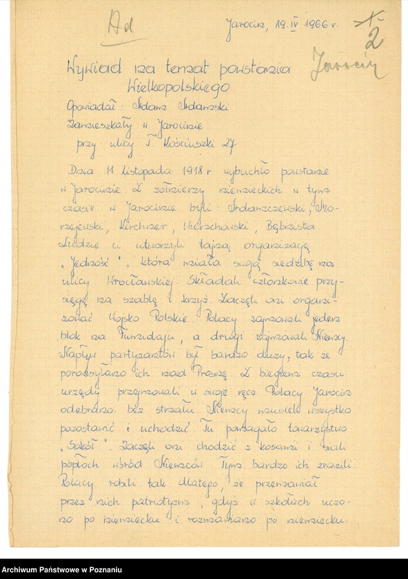 Obraz 11 z jednostki "Relacje i wspomnienia dotyczące powstania wielkopolskiego w Jarocinie i okolicy."