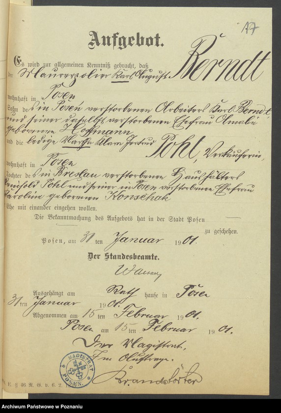 Obraz 19 z jednostki "Die von den Verlobten beigebrachten Urkunden zur Eheschliessung pro 1901. Vol IV"