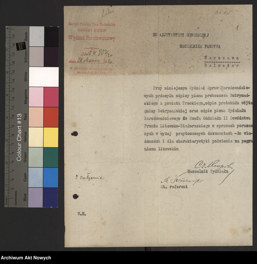image.from.unit.number "Meldunki Inspektoratów Brzeskiego, Mińskiego, Wileńskiego przesyłane przez Zarząd Cywilny Ziem Wschodnich (Wydział Werbunkowy) do KCNP. Korespondencja ZCZW (Wydział Narodowościowy), z charakterystyką stosunków na pograniczu litewskim. Rozkaz Naczelnika Okręgu Wołyńskiego ZCZW"