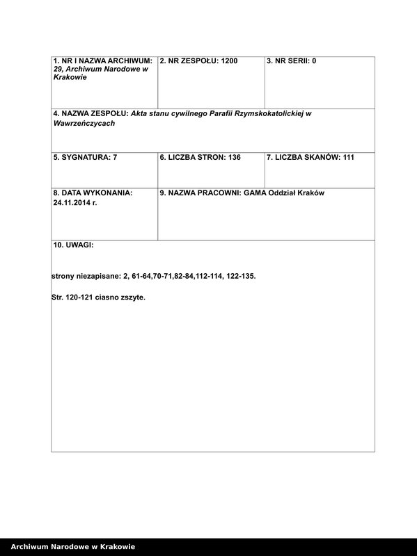image.from.unit.number "Księga Aktów Stanu Cywilnego parafii Wawrzeńczyce, powiatu hebdowskiego, gminy szkalmbierskiej, departamentu krakowskiego, na rok 1816."