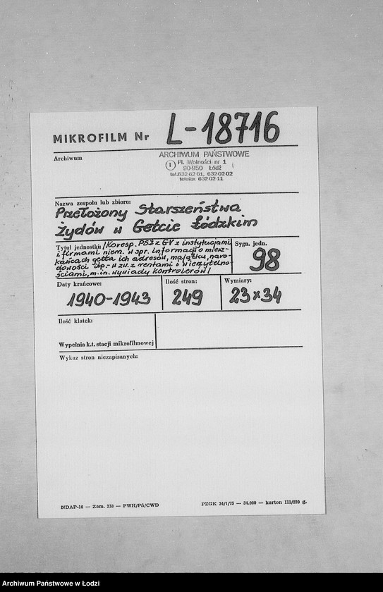 Obraz 2 z jednostki "[Korespondencja PSŻ z GV, z instytucjami i firmami niemieckimi w sprawie informacji o mieszkańcach getta: ich adresach, majątku, narodowości itp. – w związku z rentami i wierzytelnościami]"