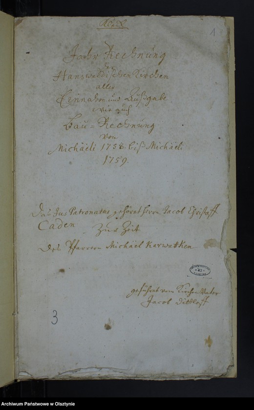 image.from.unit.number "Jahr-Rechnung der Hanswaldschen Kirchen aller Einnahme und Ausgabe wie auch Bau-Rechnung"