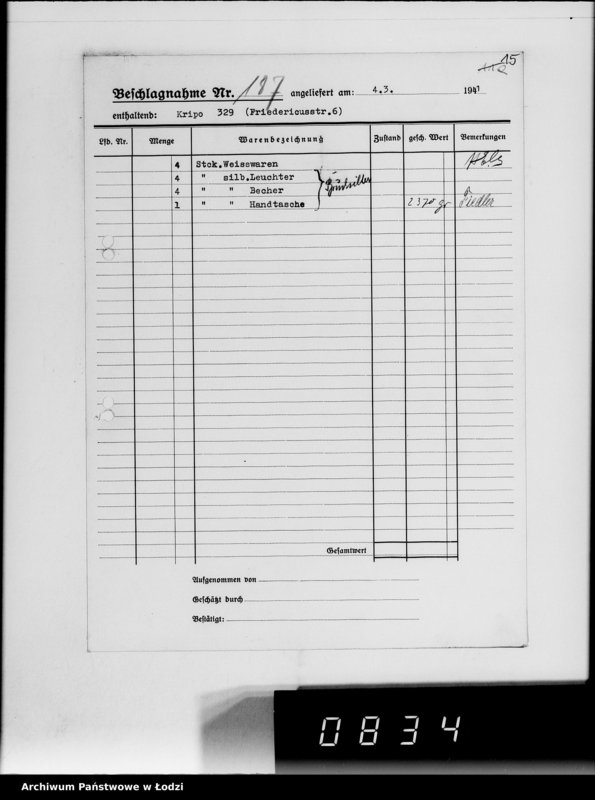 Obraz 19 z jednostki "Kripo.Unterlagen 1-199 [Kartoteka skonfiskowanego majątku ruchomego u Żydów]"